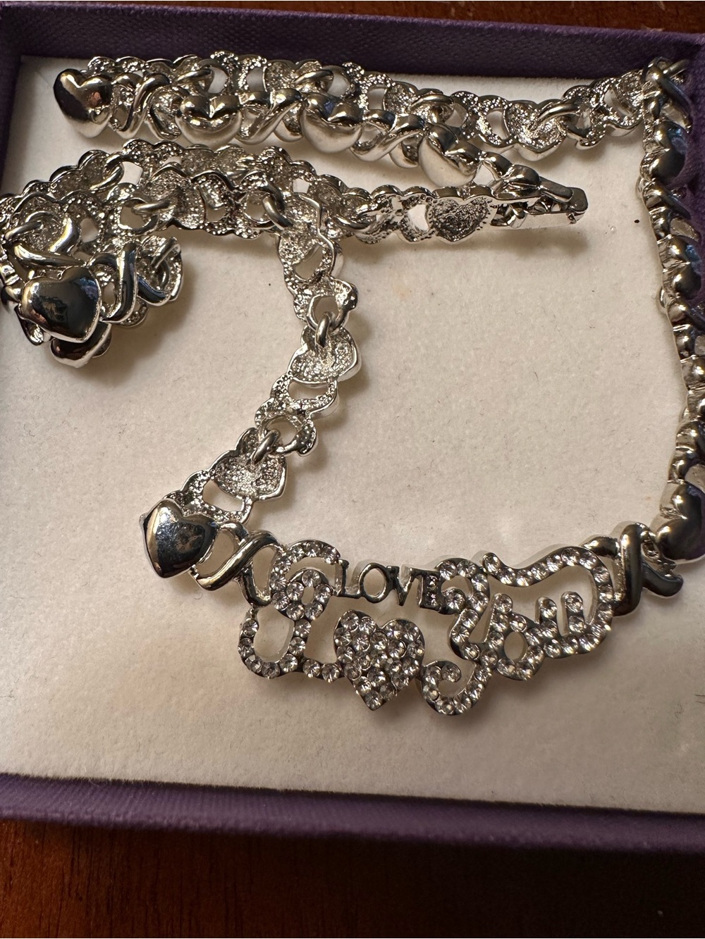 Silver Heart & 'Love' Crystal Chain Necklace & bracelet, set- ( 2 piece set)